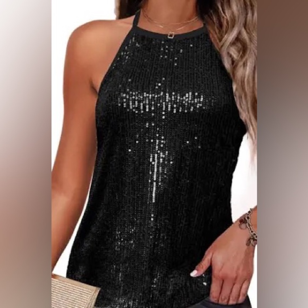 WURL: BLACK SEQUIN HALTER TOP SIZE S